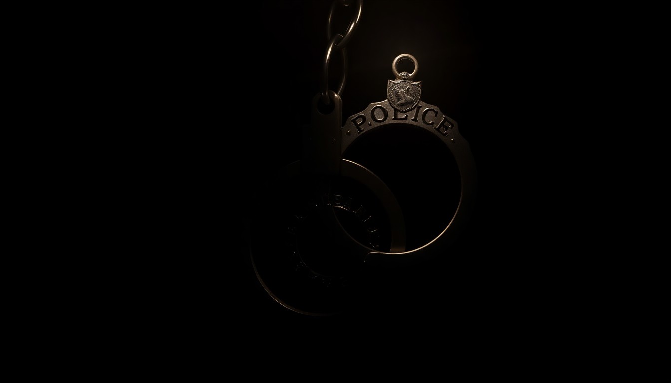An extreme close-up photograph of a police badge or handcuffs lit by a harsh, direct camera flash against a pitch-black background, conveying a stark, gritty, investigative mood about the review of crime statistics.