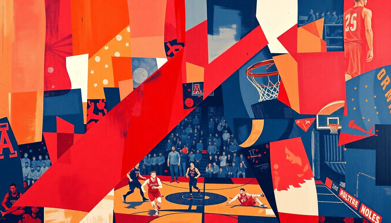 A cubist, geometric painting depicting the chaotic action of a college basketball game, with sharp, overlapping shapes and planes in the cardinal red and navy blue colors of the Arizona Wildcats.