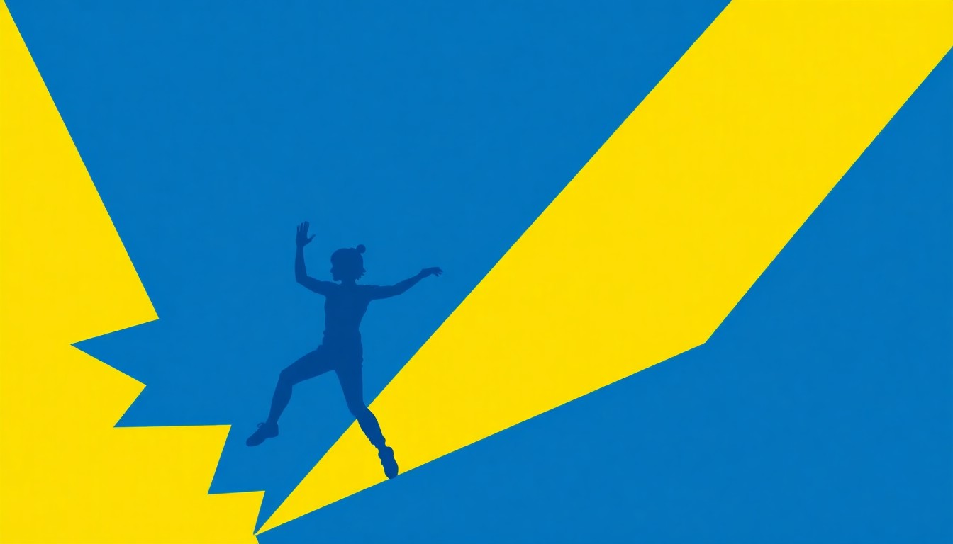 A bold, abstract illustration composed of jagged, geometric shapes in vibrant blues, greens, and yellows, conceptually representing the energy and creativity of a youth dance performance.