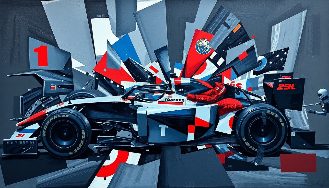 A fragmented, geometric painting depicting an abstract Formula 1 crash scene, with sharp planes of dark colors representing the high-speed impact and the need for safety improvements.