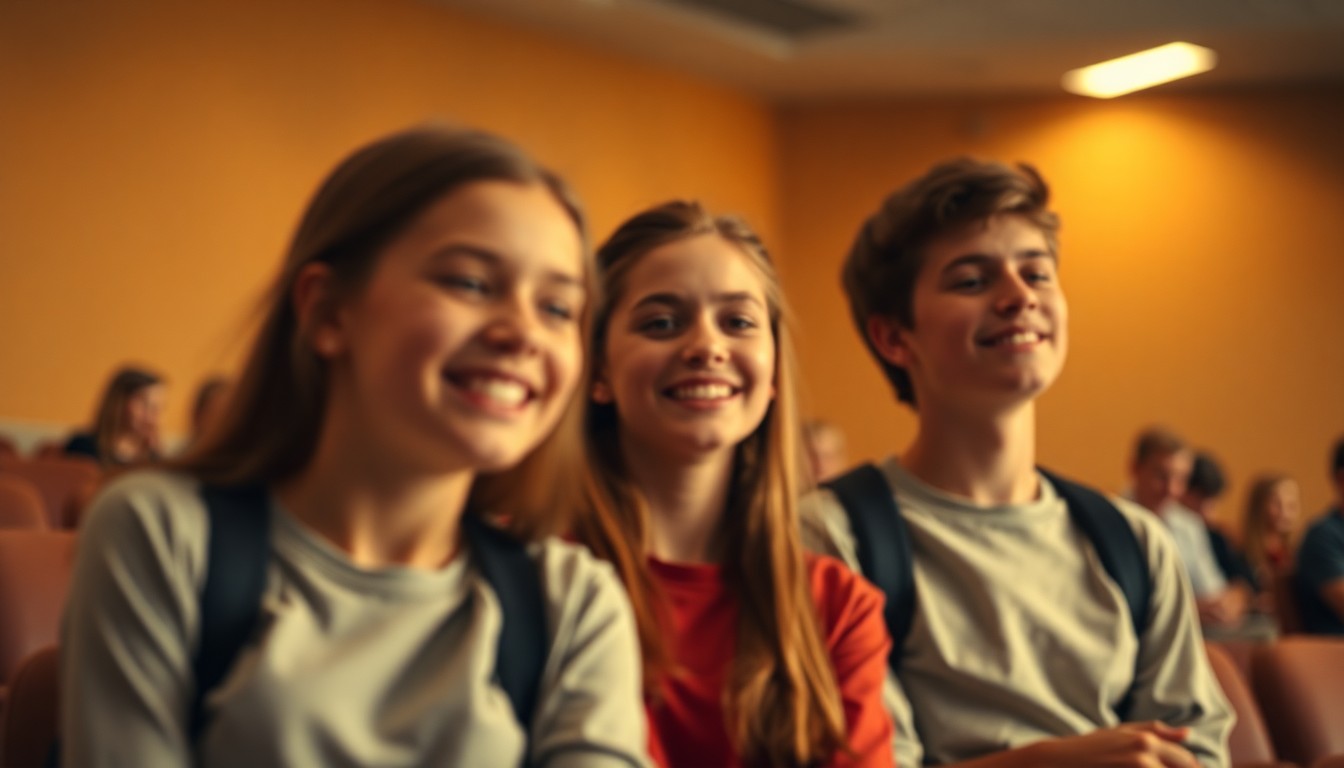 A blurred, atmospheric photograph in soft, warm tones depicting three high school students in a classroom or performance setting, their faces indistinct but their body language conveying a sense of excitement and accomplishment.
