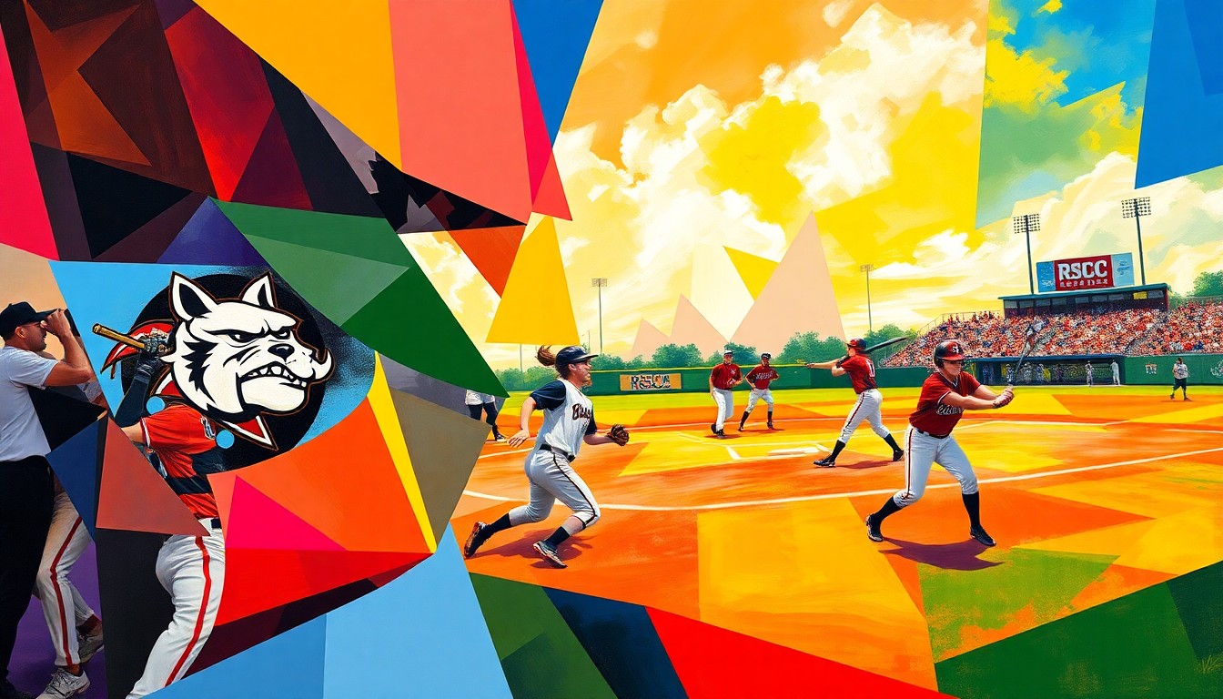 A fractured, geometric painting in vibrant colors representing a softball game, with the players and field deconstructed into abstract shapes and planes.