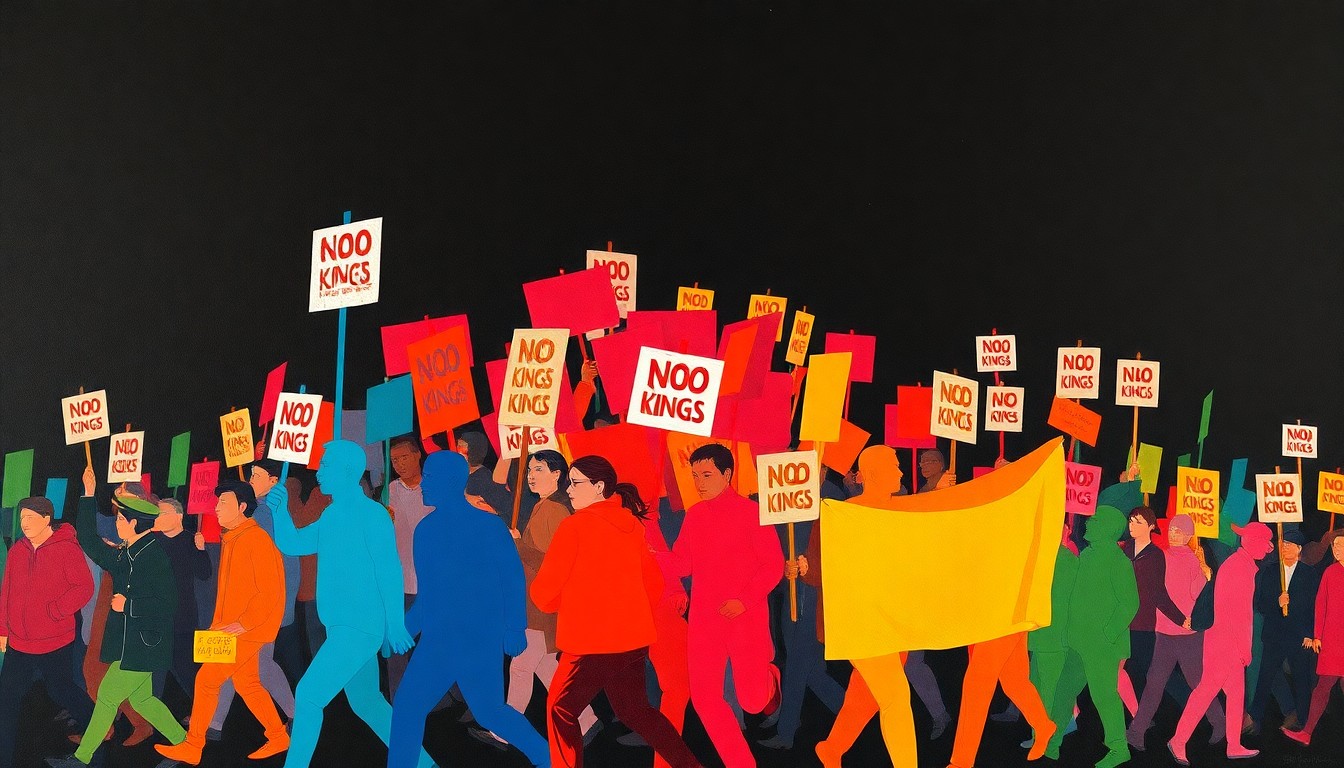 A dynamic, abstract painting of protesters marching with signs, the figures repeated in overlapping, fractured geometric shapes in bold primary colors against a dark background, conveying the momentum and passion of the demonstrations.
