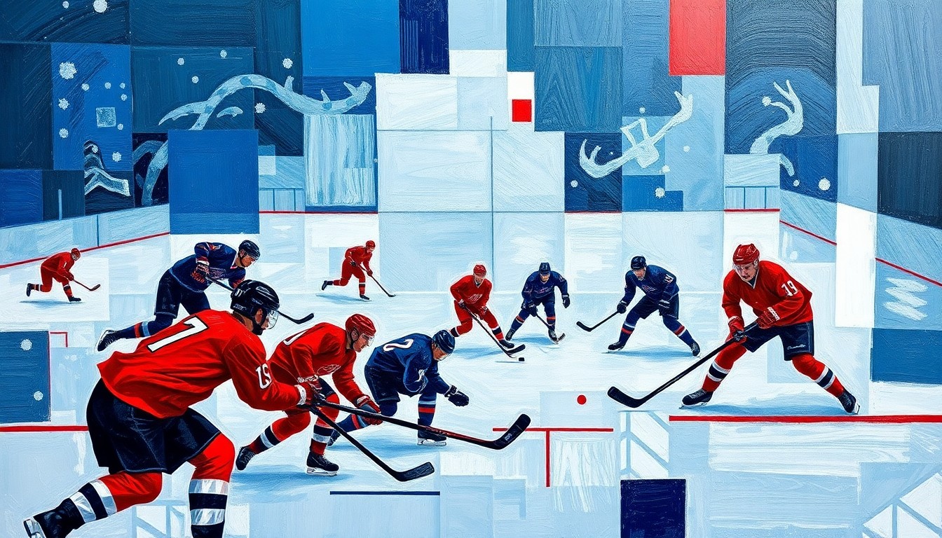 A fragmented, geometric painting depicting the motion and energy of a hockey game, with overlapping planes of ice, sticks, pucks, and shadowy player forms in a palette of blues, reds, and grays.
