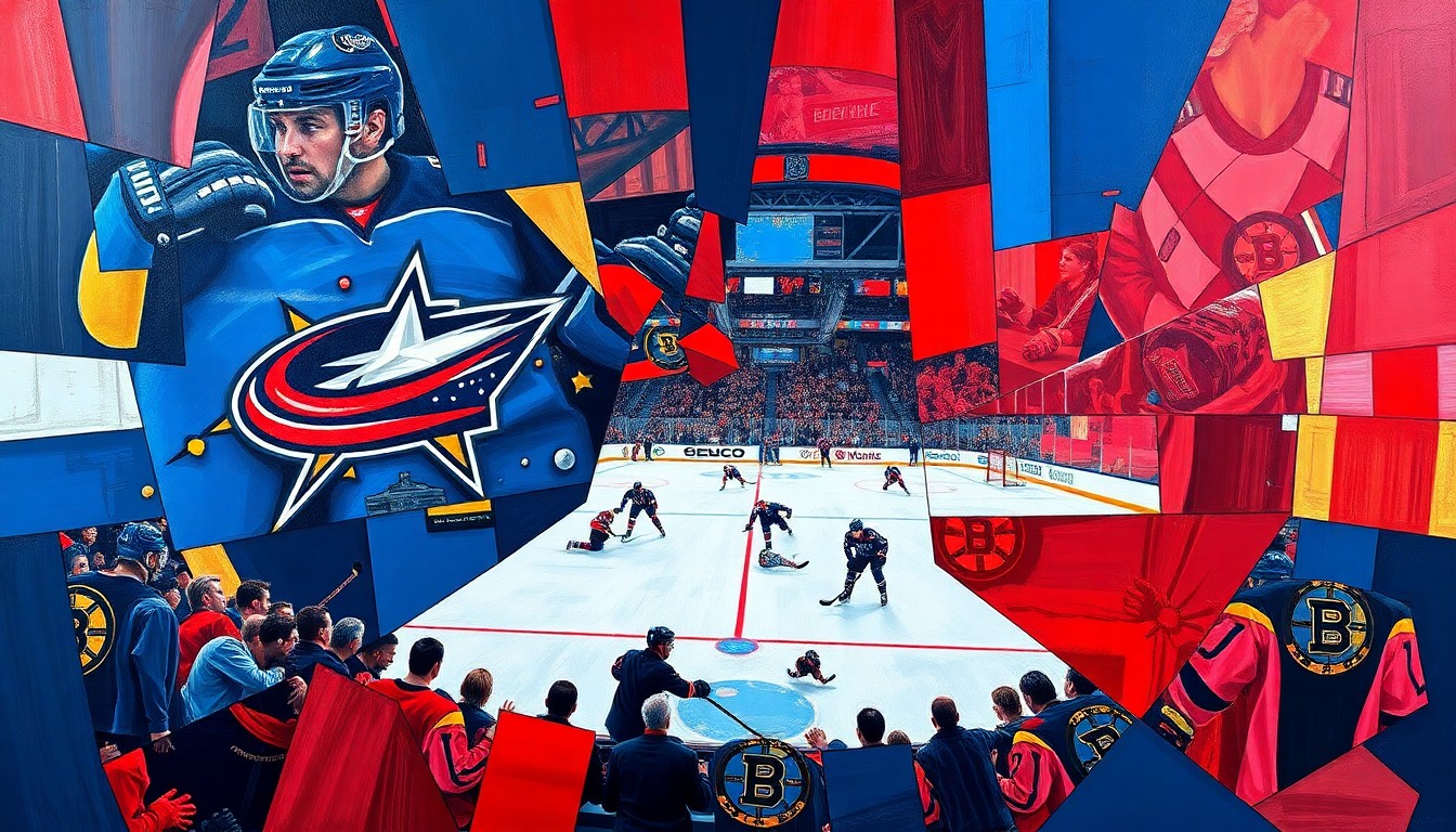 A cubist, geometric painting depicting a hockey game between the Columbus Blue Jackets and Boston Bruins, with the players and action broken down into sharp, overlapping planes of navy blue, scarlet red, and gold.