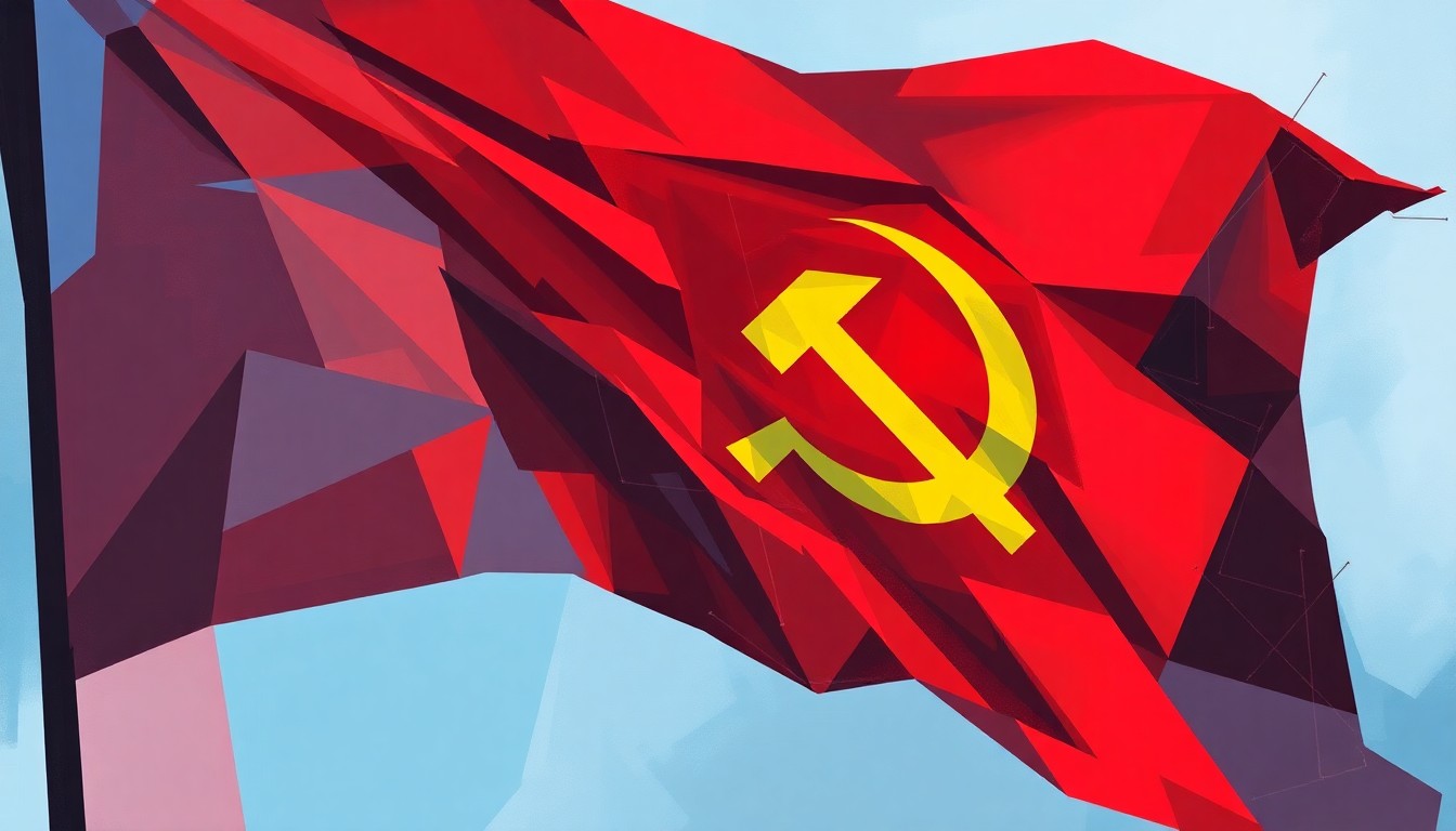 A fractured, overlapping geometric painting of a waving flag with a hammer and sickle symbol, representing the communist affiliations mentioned in the story.