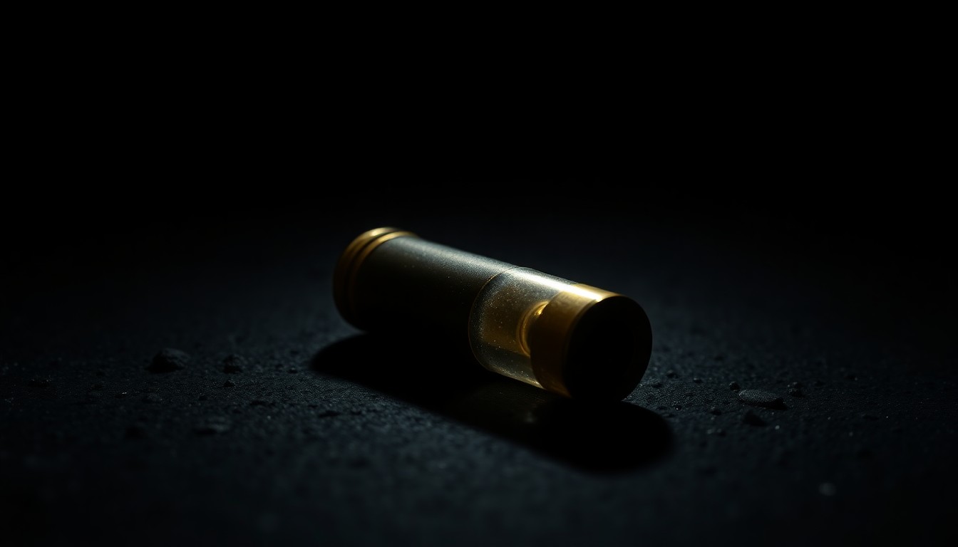 An extreme close-up of a shiny brass bullet casing lying on a rough, dark concrete surface, the harsh flash illuminating the textured material in stark detail to convey the serious, investigative nature of this crime scene.