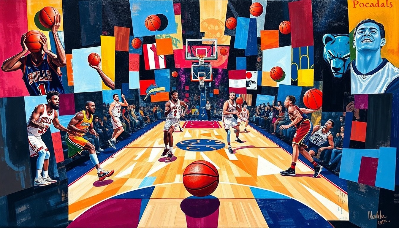 A fragmented, cubist-style painting depicting the final seconds of a close basketball game, with players, basketballs, and court lines broken down into sharp, overlapping geometric shapes and planes in the teams' official colors.