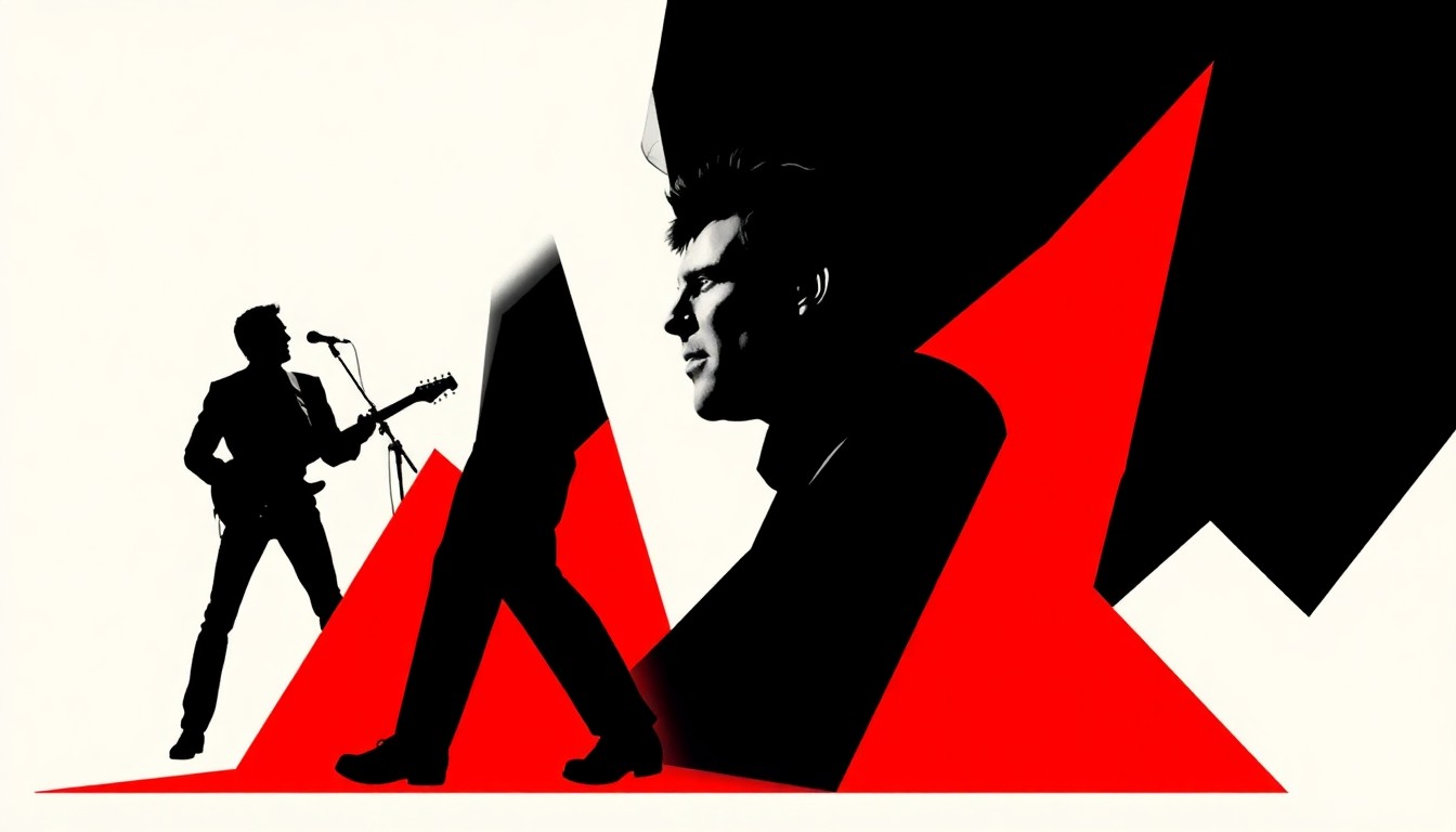 A striking abstract composition of jagged black silhouettes and bold red geometric shapes, conceptually representing the cultural significance of Bruce Springsteen's music and career.