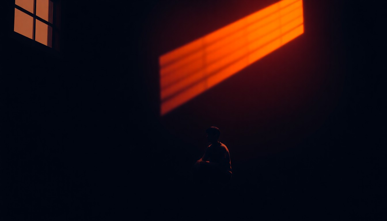 A moody, cinematic painting depicting a solitary young person sitting alone in a dimly lit room, the warm sunlight casting dramatic shadows across their face and surroundings, conveying a sense of isolation and introspection.