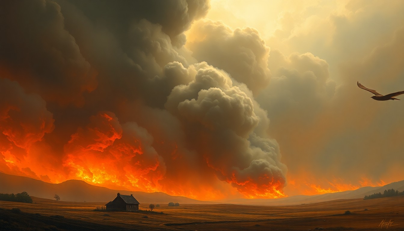 A sweeping, atmospheric landscape painting in muted tones of orange, grey, and black, depicting a distant wildfire raging across a vast, open expanse, with the silhouette of a small house barely visible through the thick smoke, conveying the overwhelming scale and power of the natural disaster.