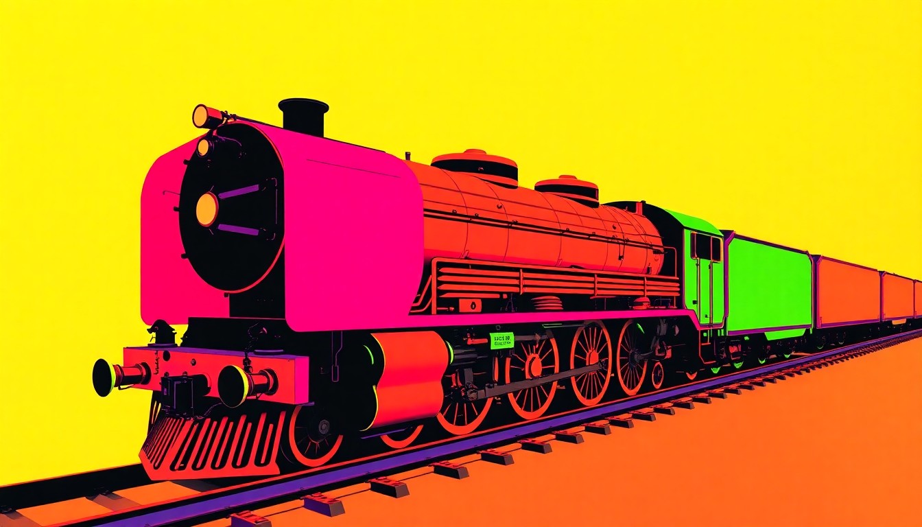 A high-contrast silkscreen print featuring a repeated image of a vintage steam locomotive in a grid, rendered in bright, neon-like colors with heavy black outlines, capturing the iconic imagery of the railroads that transformed Douglas County in the early 20th century.