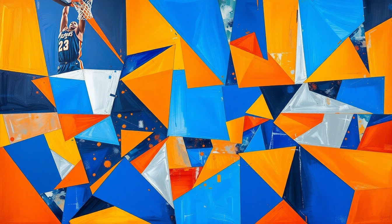 A fragmented, geometric painting in bold colors depicts the intense action and movement of an NBA basketball game, with players and the court deconstructed into sharp, overlapping planes.