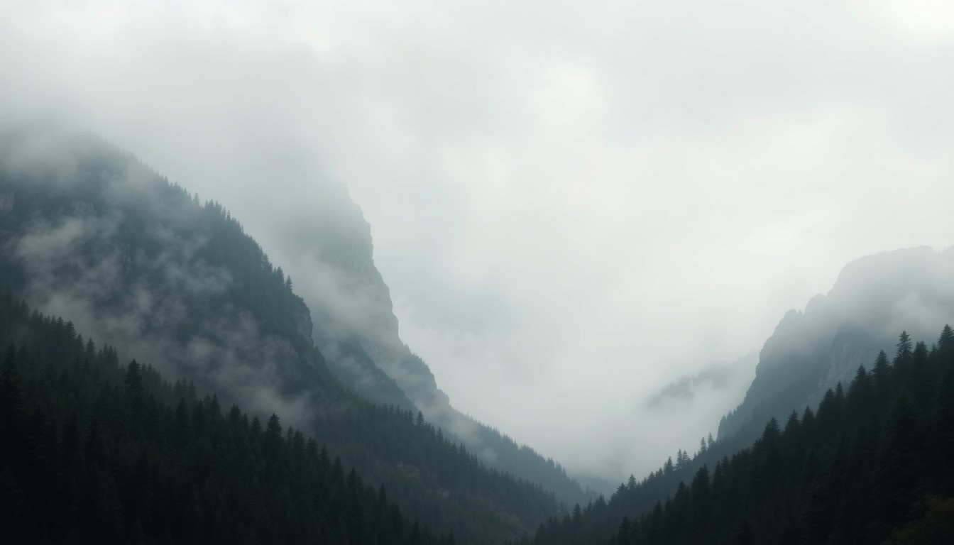 A vast, atmospheric landscape painting depicting a forested mountain range obscured by heavy, swirling smoke, conveying the overwhelming scale and power of the natural environment.
