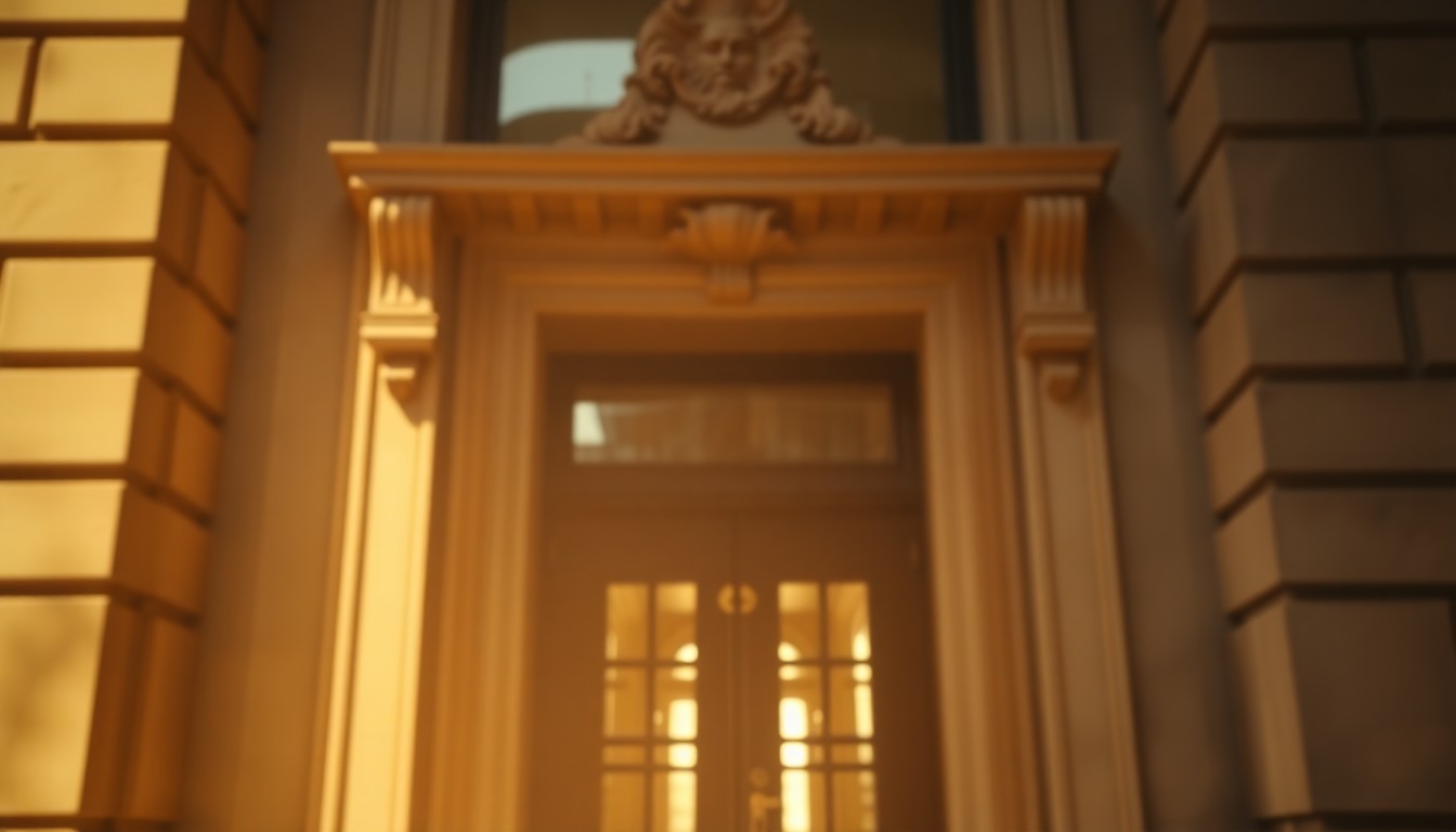 An impressionistic, out-of-focus photograph showing the ornate entryway of a historic Chicago building, with the doorway framed by blurred architectural details in warm, hazy tones, conceptually representing the hidden histories behind the city's architectural features.