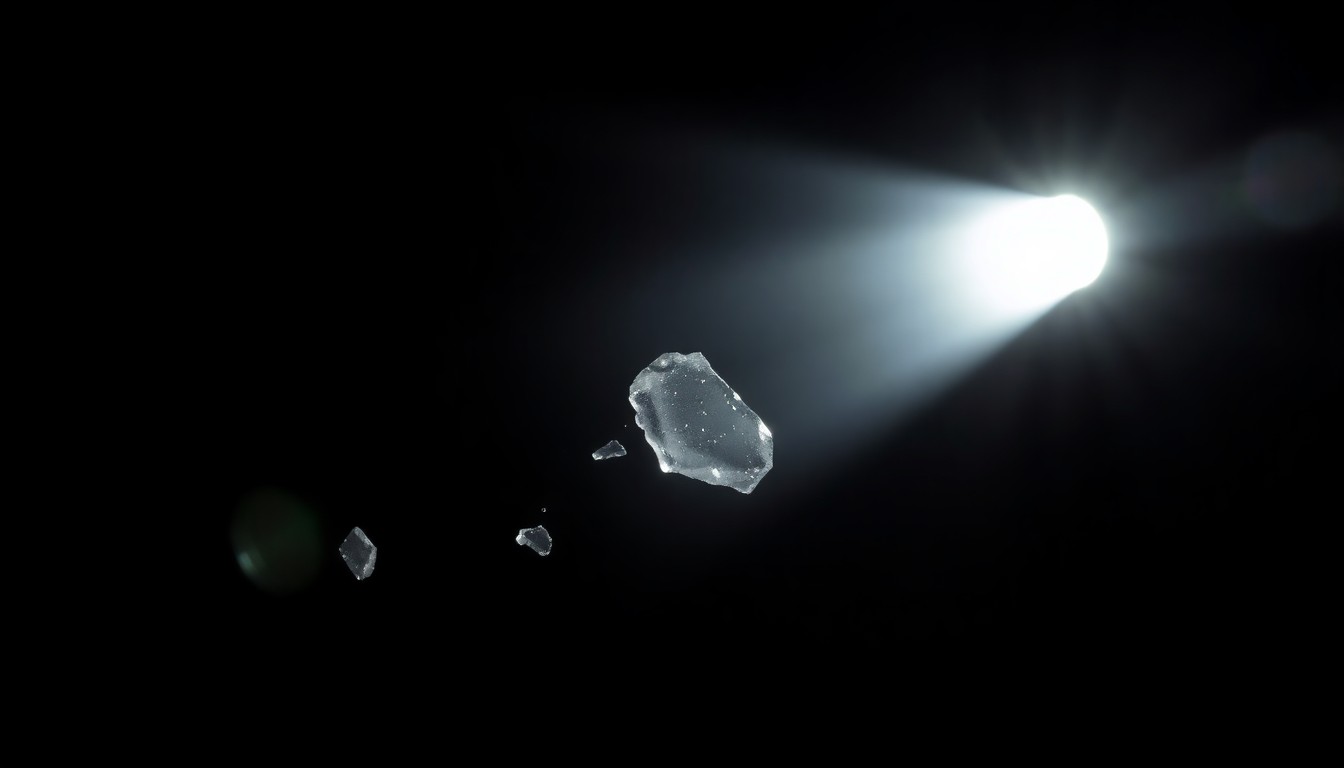 An extreme close-up photograph of a broken piece of glass reflecting a harsh, direct camera flash, conceptually illustrating the gritty aftermath of a violent crime scene.