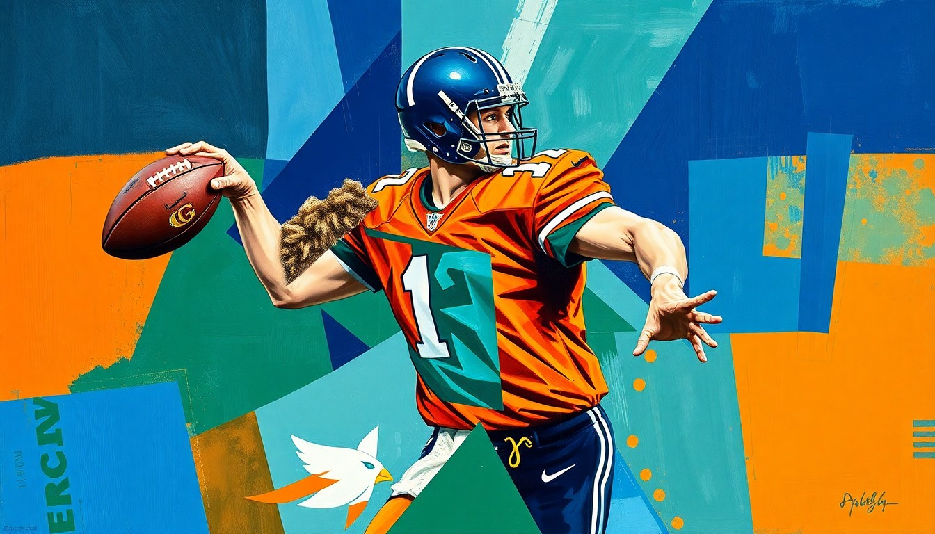 A cubist-style painting depicting a quarterback throwing a football, broken down into sharp, overlapping geometric shapes in navy blue, forest green, and burnt orange, conveying the conceptual idea of a team evaluating a quarterback prospect.