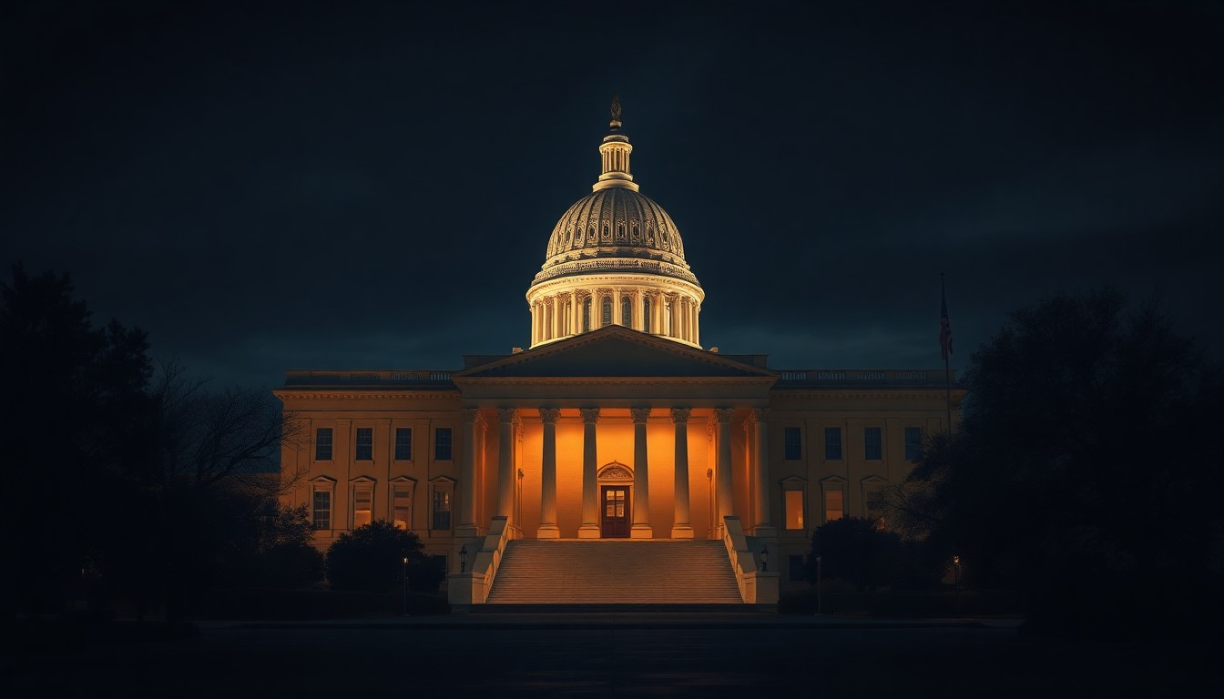 A moody, atmospheric painting of an empty government building at night, with warm light and deep shadows, conveying a sense of political transition and uncertainty.