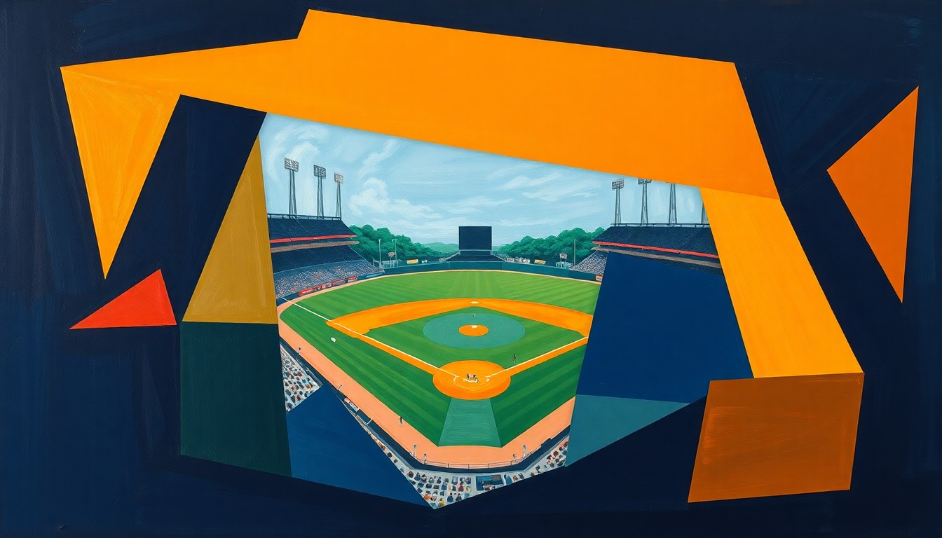 A cubist, geometric painting depicting the dynamic action of a college baseball game, with overlapping shapes and planes in shades of navy, green, and orange.