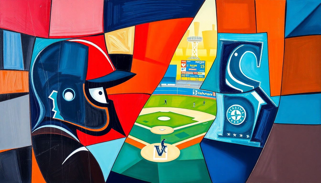 A fractured, geometric painting depicting a baseball game between two teams, with sharp overlapping planes in vibrant colors representing the dynamic action on the field.