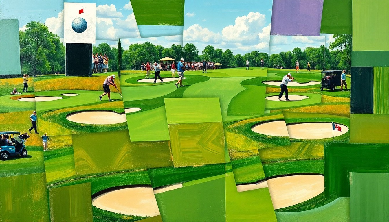 A cubist, geometric painting depicting a golf tournament, with overlapping planes of green fairways, sand traps, and golfers in motion, conveying the energy and drama of the event's conclusion.