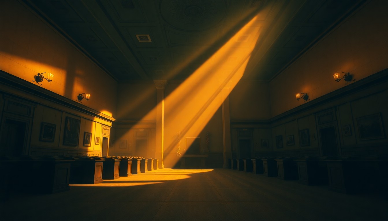 A dimly lit, cinematic painting of an empty government office or legislative chamber, with warm sunlight streaming in through the windows and deep shadows casting an air of solemnity and contemplation.