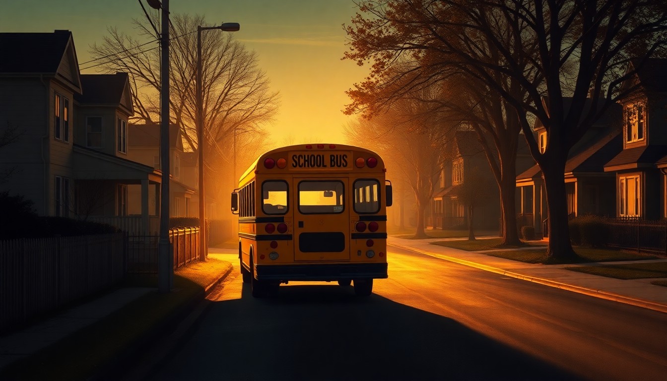 A serene, photorealistic painting of an empty school bus parked on a residential street, with warm sunlight casting deep shadows across the scene, conveying a sense of quiet contemplation about the importance of public education.