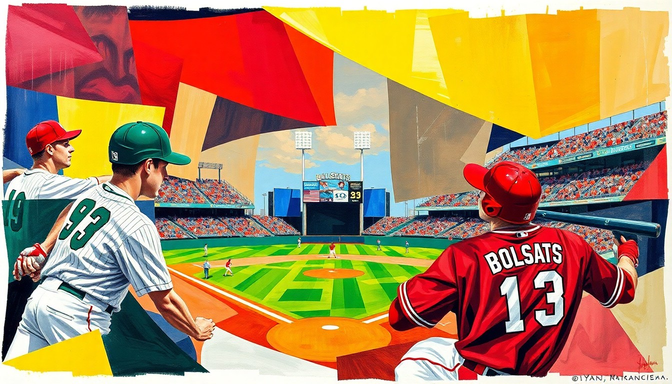 A fractured, cubist-style painting depicting a baseball game, with the players and field broken down into sharp, overlapping geometric shapes in the colors of the Ohio Bobcats and Ball State Cardinals uniforms.