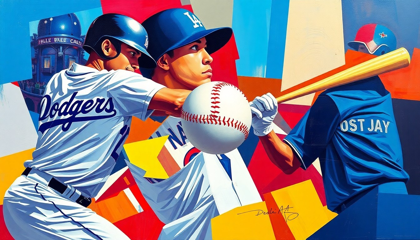 A fractured, geometric painting depicting Ohtani's home run swing and the baseball's path, with vibrant colors representing the Dodgers and Blue Jays uniforms.