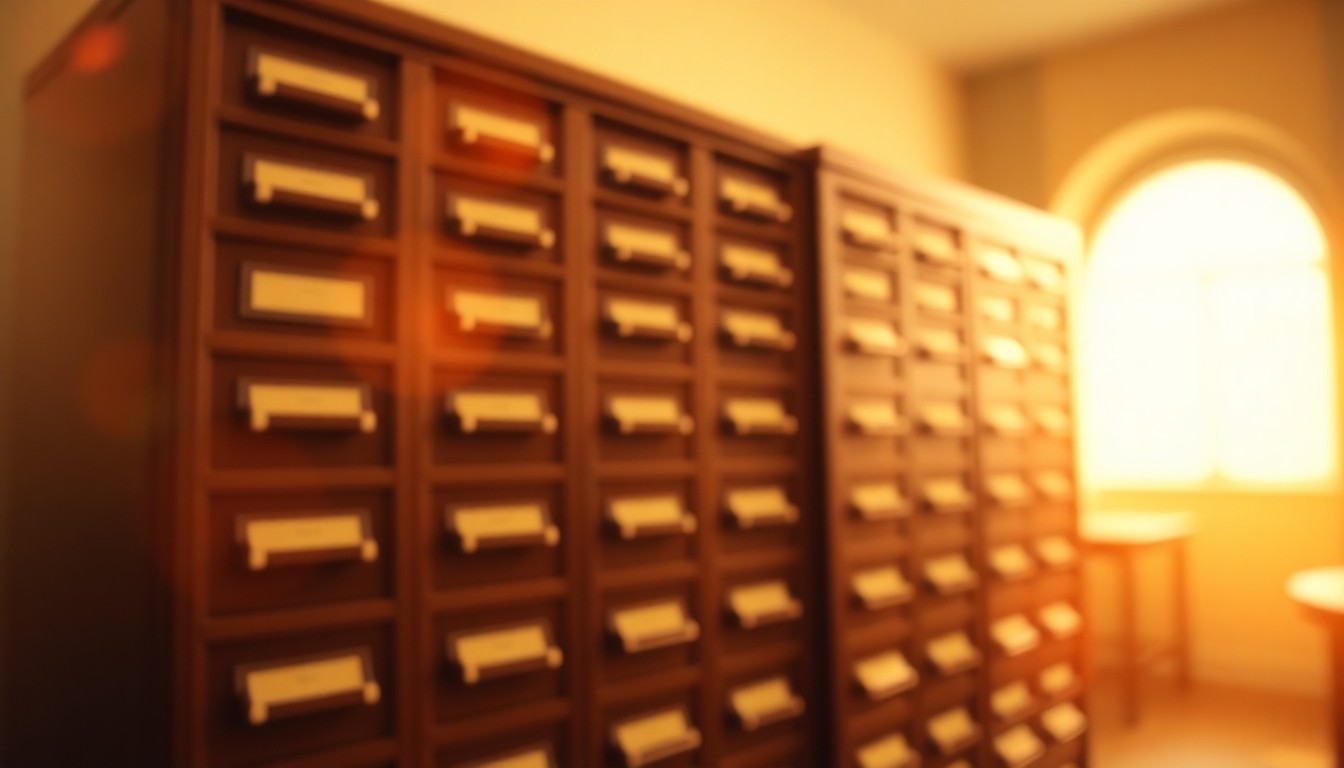 An abstract, out-of-focus photograph of an old wooden library card catalog cabinet, with soft pools of amber, ochre, and sage green light creating a nostalgic, dreamlike atmosphere that evokes the legacy of an educator.