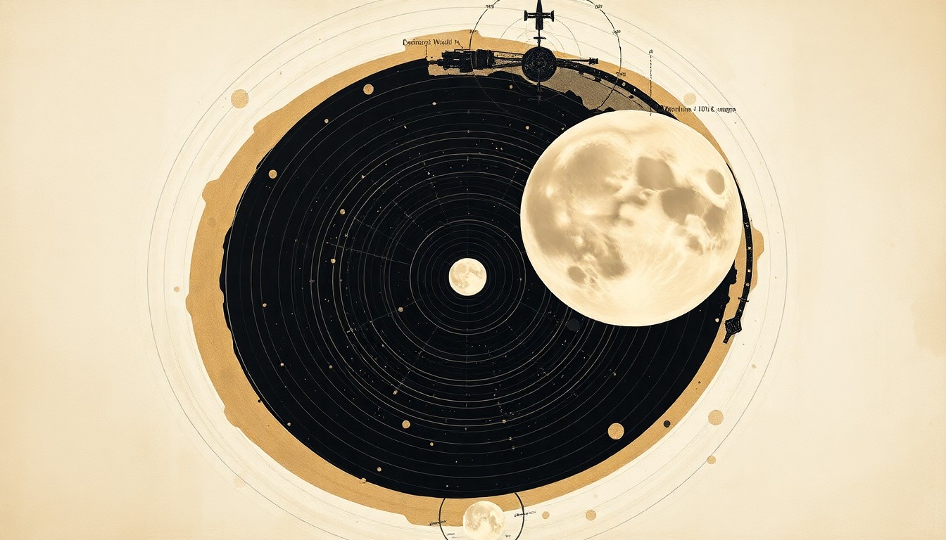 A bold, abstract painting in muted earth tones featuring sweeping geometric arcs, concentric circles, and precise astronomical spirals, conceptually representing the complex trajectory of the Artemis II mission around the moon.