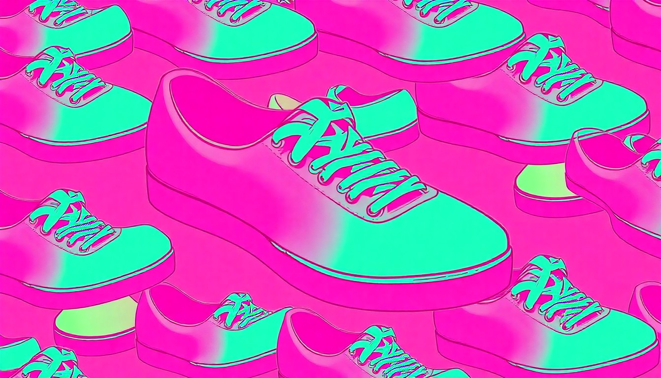 A high-contrast silkscreen print of a single ballet sneaker in vibrant neon colors, repeated in a grid pattern to create a bold, pop art-inspired illustration.