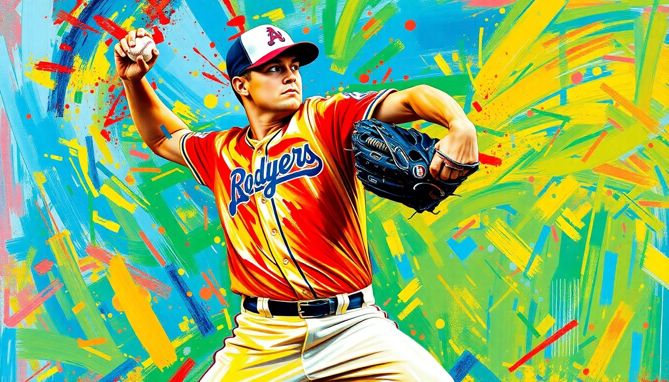An abstract, expressionist painting featuring bold brushstrokes of neon colors, capturing the dynamic motion and energy of a baseball pitcher in the midst of delivering a pitch.