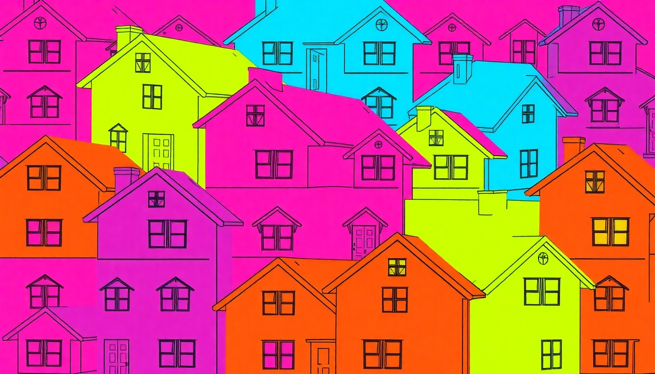 A brightly colored, high-contrast silkscreen print of a Habitat for Humanity home blueprint repeated in a tight grid pattern, capturing the vibrant energy and community-driven spirit of the affordable housing project.