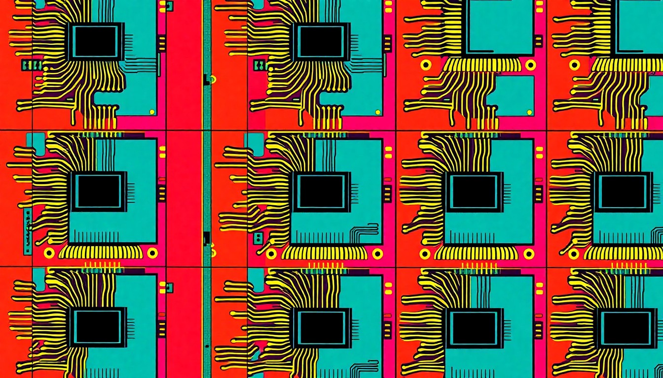 A high-contrast, silkscreen-style illustration of a computer chip or circuit board repeated in a grid of bright, neon colors, conceptually representing the technical innovation and educational excellence enabled by a major philanthropic donation.