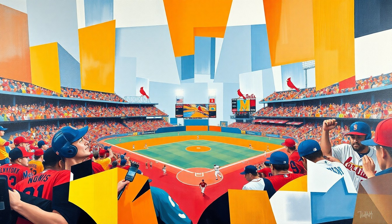 A fractured, multi-perspective painting featuring overlapping geometric shapes and planes in the colors of the Mets and Cardinals uniforms, capturing the energy and action of a baseball game between the two teams.