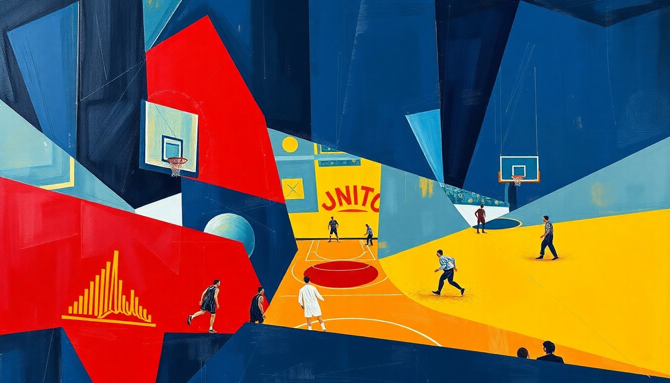 A cubist, geometric painting depicting a fragmented basketball game, with sharp, overlapping shapes in navy, red, and yellow representing the dynamic action on the court.