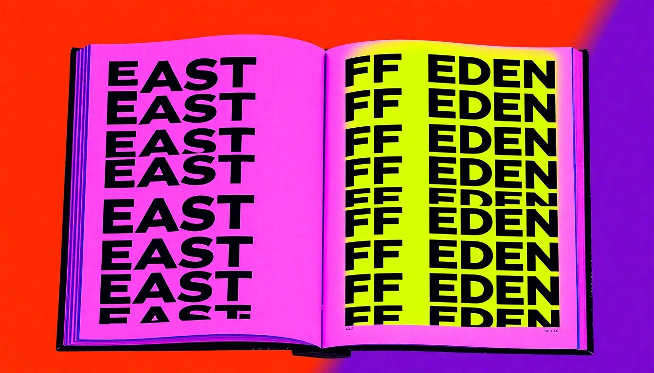 A vibrant, high-contrast silkscreen print featuring the title 'East of Eden' repeated in a grid pattern, conceptually representing the novel's timeless exploration of family, identity, and the search for meaning.