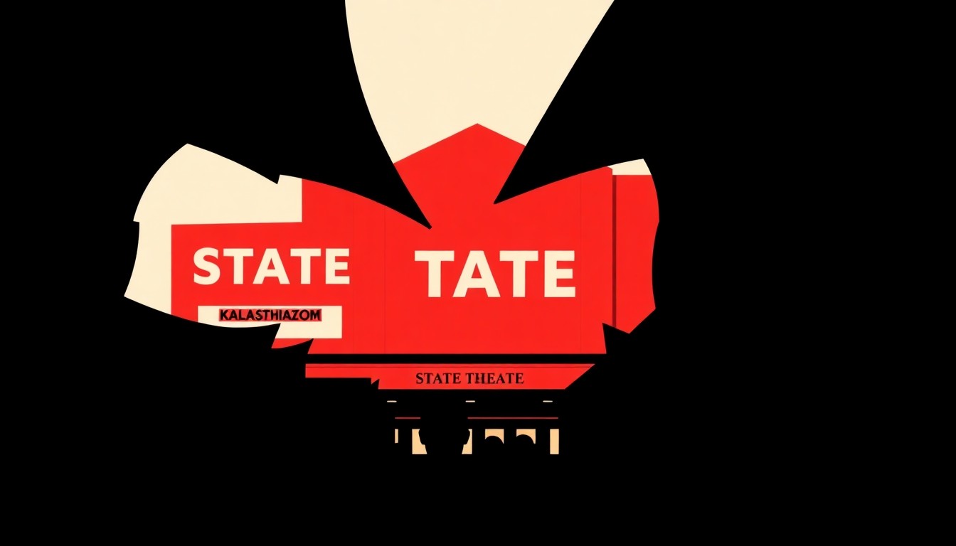 A striking black and white abstract illustration featuring jagged geometric shapes and silhouettes, conceptually representing the iconic State Theatre and the anticipation surrounding its restoration.