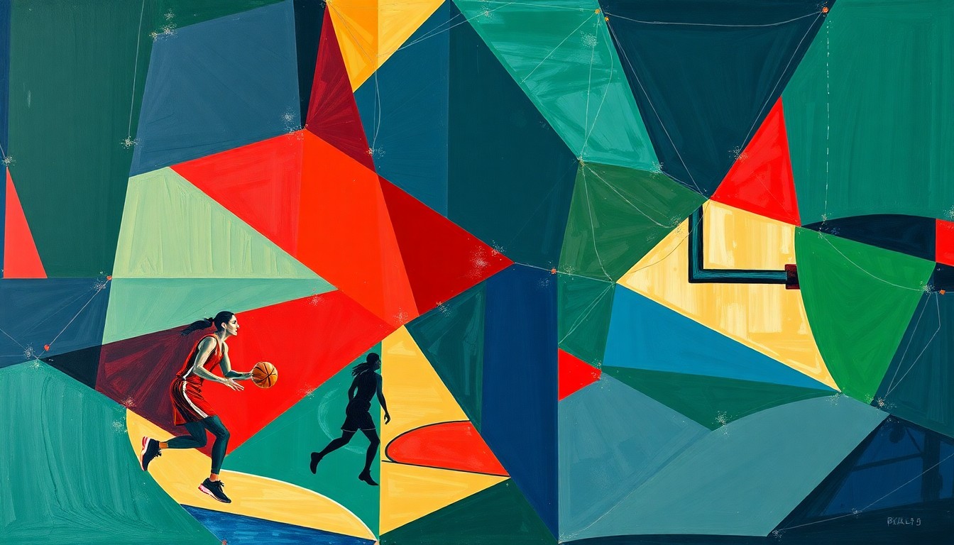 A cubist, geometric painting depicting the fragmented action of a women's basketball game, with sharp planes of navy, green, and red intersecting to create a dynamic, multi-angled visual representation of the sport.