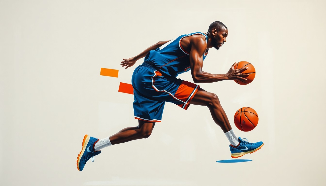 A fragmented, geometric painting depicting the dynamic movements of a basketball player, rendered in a Cubist style with bold, contrasting colors.