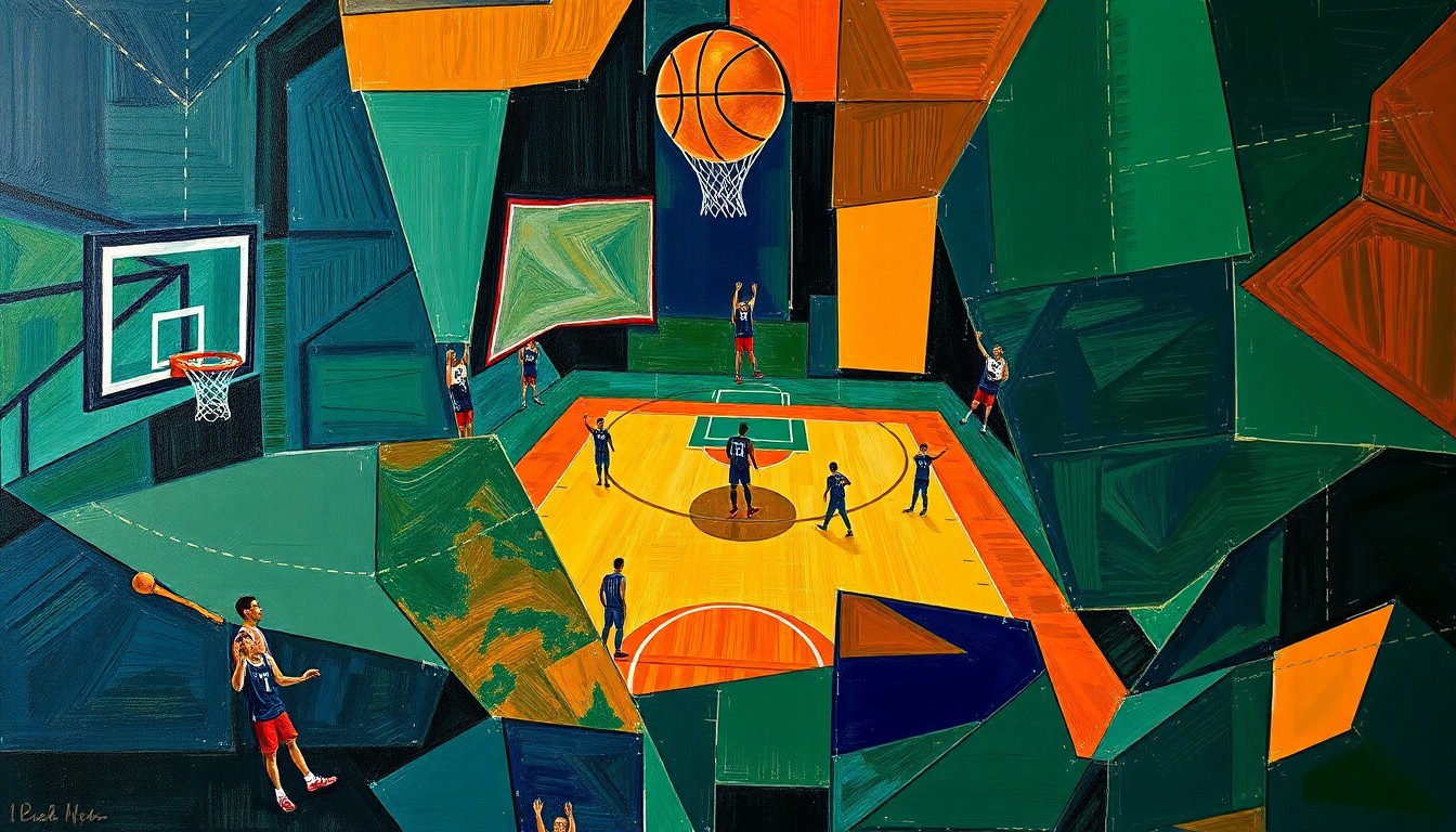 A cubist-style painting depicting a basketball game broken down into overlapping geometric shapes and planes in navy, green, and orange, capturing the unpredictability and fragmented nature of the teams' injury situations.