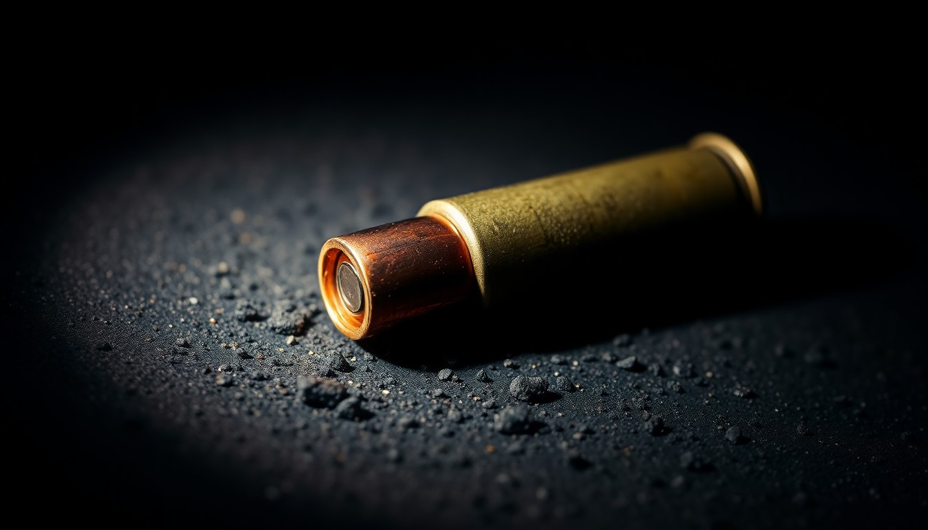 An extreme close-up photograph of a spent bullet casing on a dark, gritty surface, lit by a harsh, direct camera flash, conceptually representing the violent crime that claimed the life of a public servant.