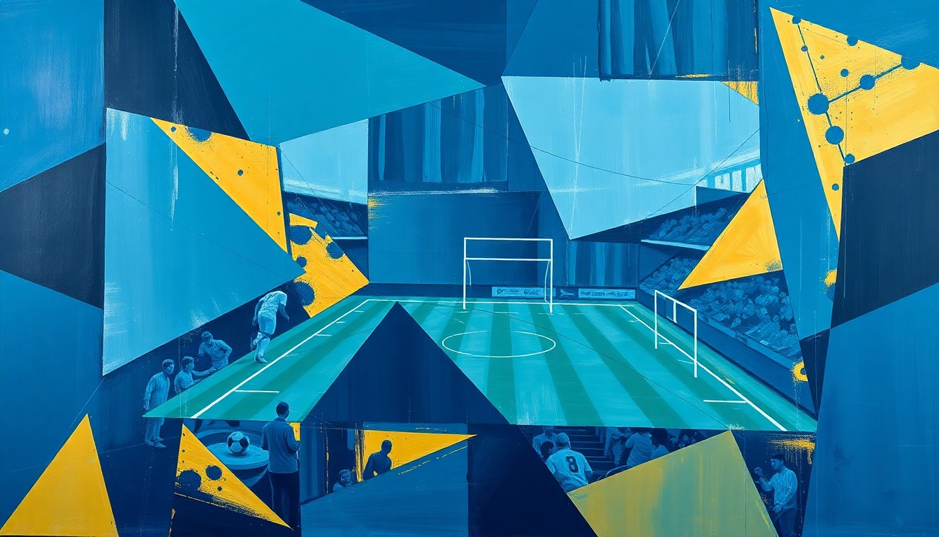 A cubist, geometric painting depicting a fragmented football field with overlapping shapes and planes in navy blue, powder blue, and gold, conveying the complex challenges facing the Chargers' roster construction.