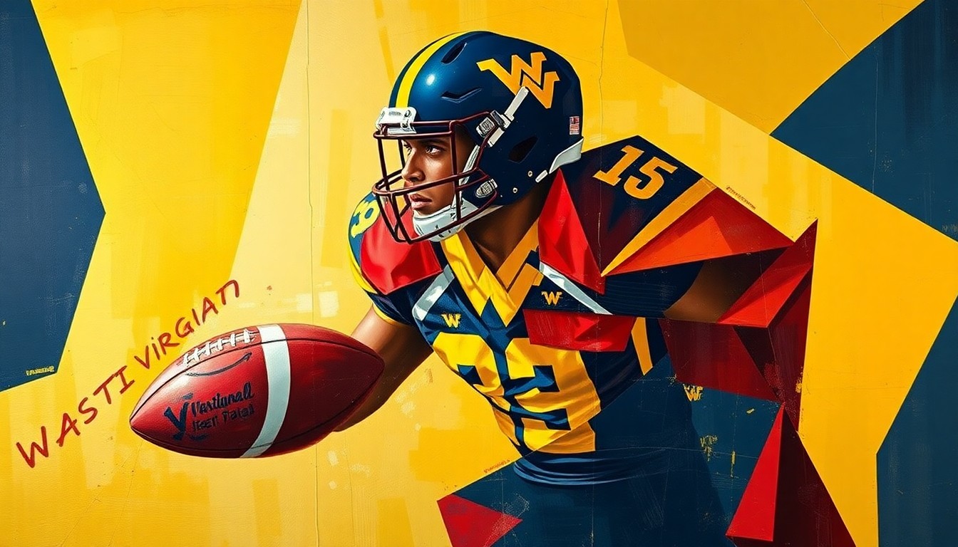 A fragmented, geometric painting depicting a West Virginia football player or game scene, with sharp planes of navy, crimson, and gold colors representing the team's iconic colors and uniform design.