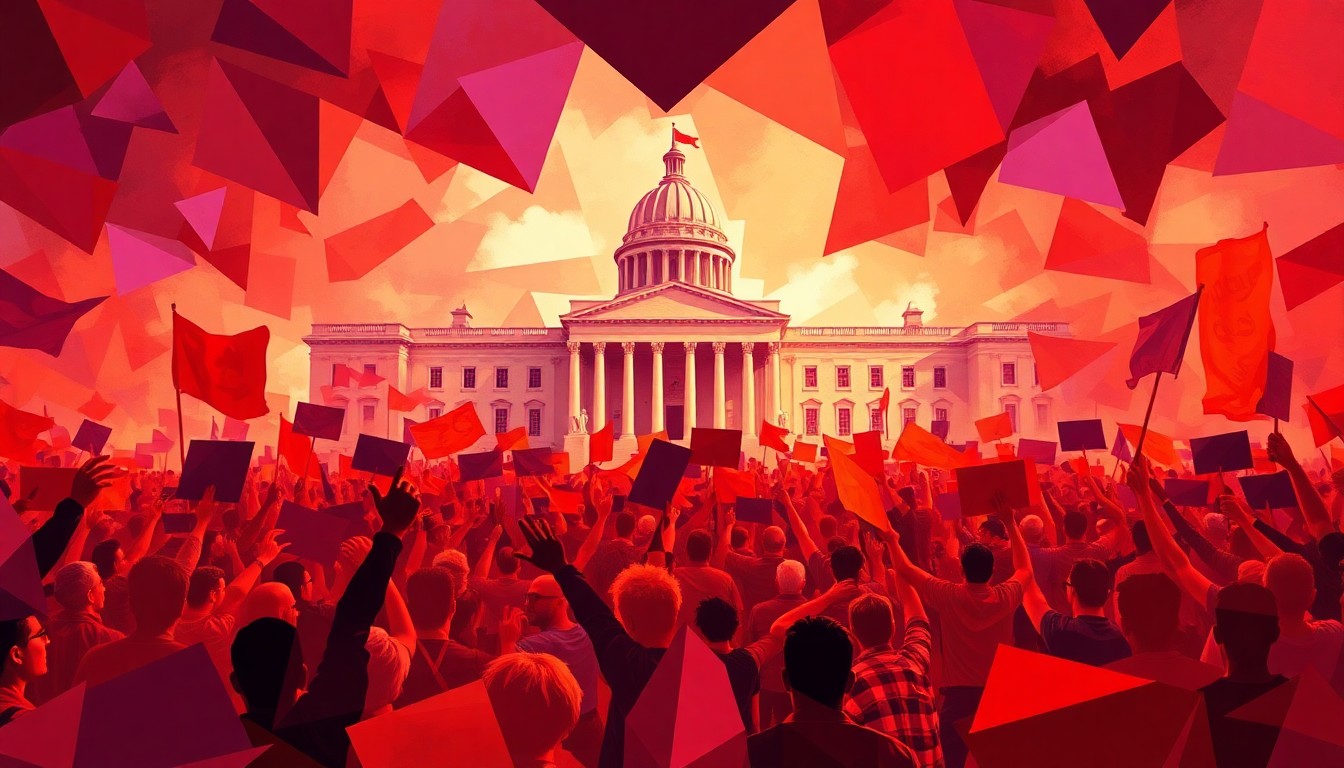 A dynamic, abstract painting featuring overlapping geometric shapes and brushstrokes in shades of red, orange, and purple, capturing the chaotic energy and civil unrest of protesters surging towards a government building.