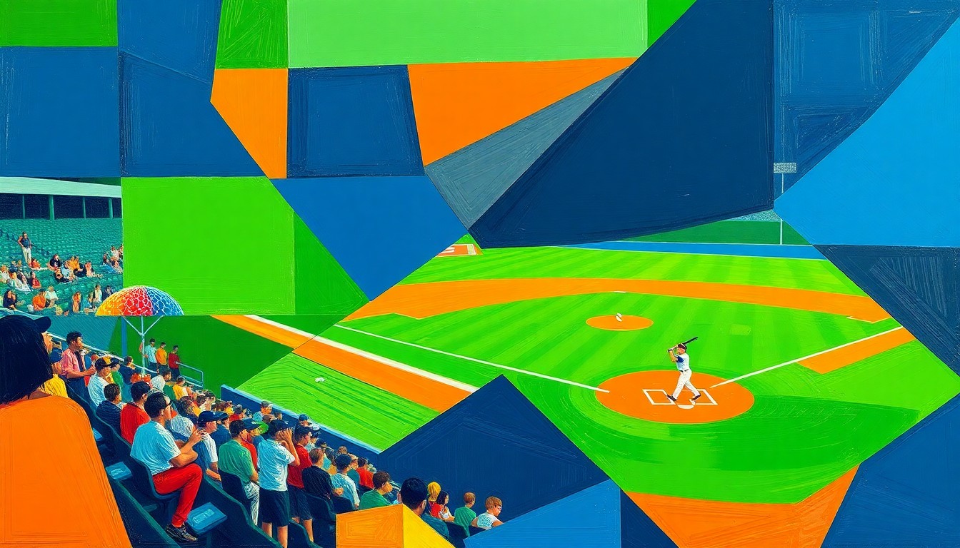 A fragmented, geometric painting depicting a high school baseball game, with sharp planes of color representing the dynamic movements and energy of the players on the field.