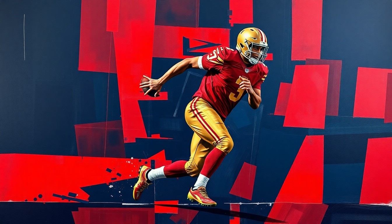A fragmented, geometric painting depicting a football player in motion, with sharp planes of scarlet, gold, and navy blue creating a dynamic, multi-perspective visual.