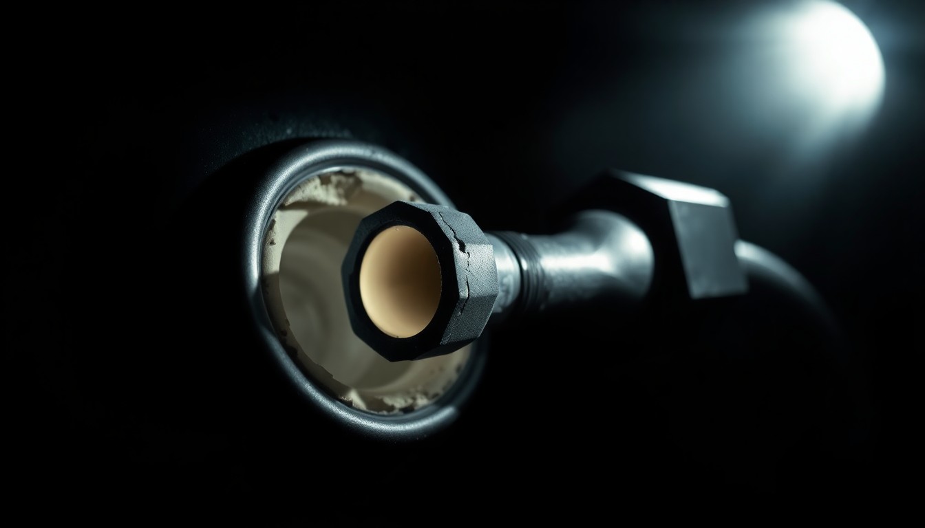 An extreme close-up photograph of a damaged fuel tank valve or nozzle, lit by a harsh, direct camera flash against a pitch-black background, conceptually illustrating the aftermath of a hazardous materials spill.