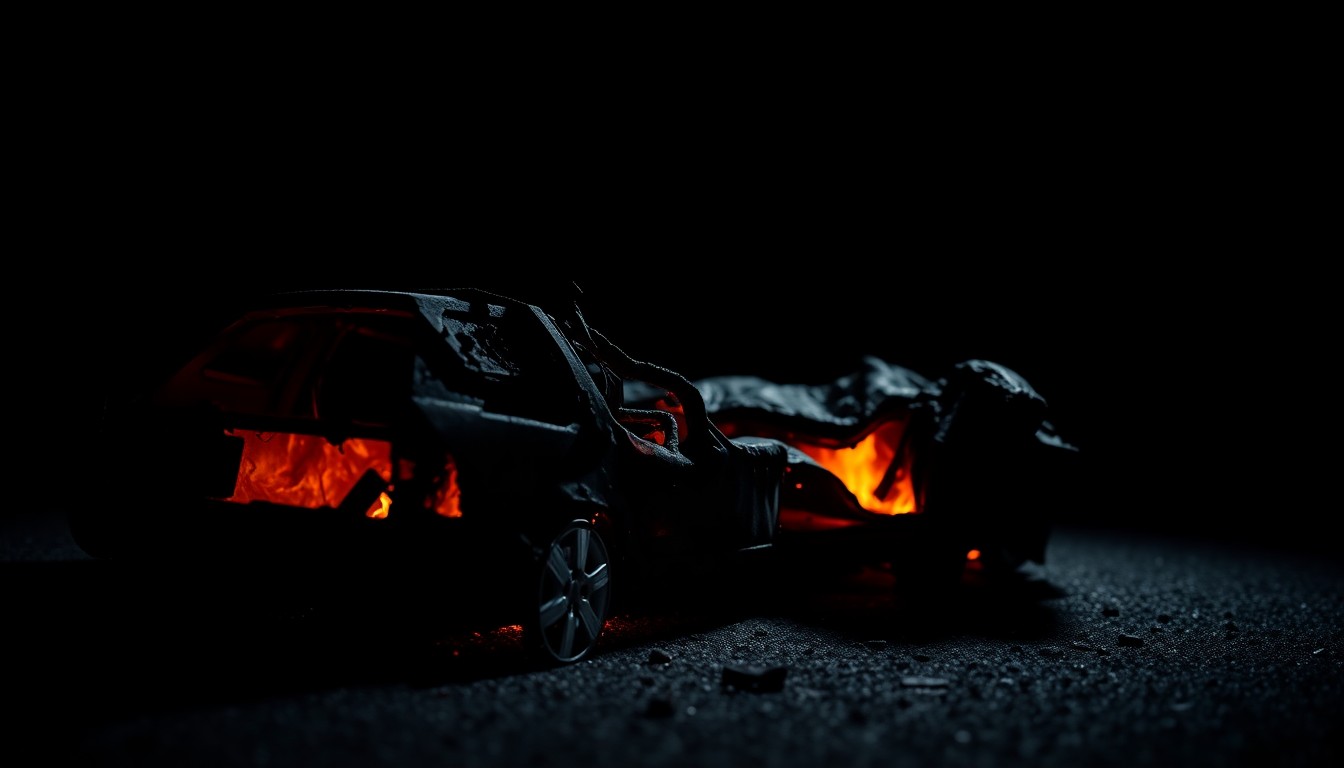 An extreme close-up of a charred, twisted car part reflecting a faint glow, conceptually illustrating the severity and aftermath of the fatal crash.